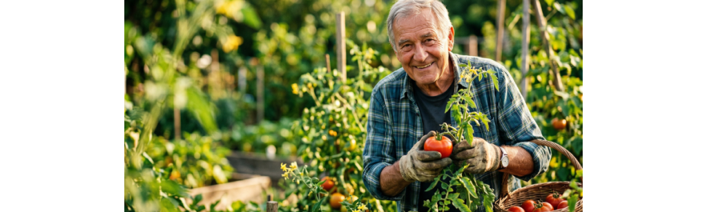 Older Adult man harvesting tomatoes