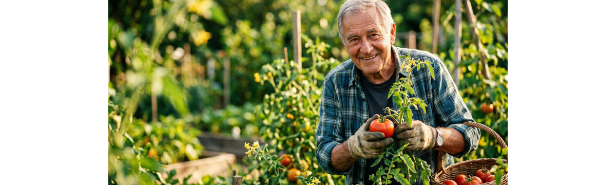 Older Adult man harvesting tomatoes
