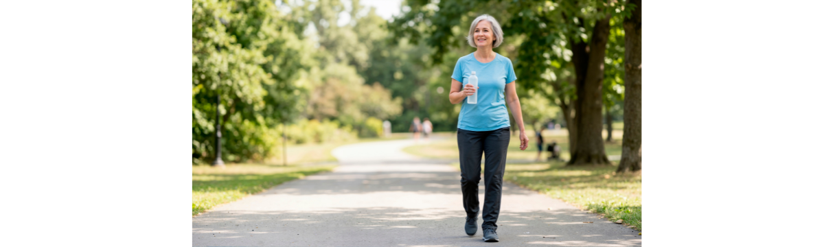 Older Adult Woman walking with a water bottle in her hand