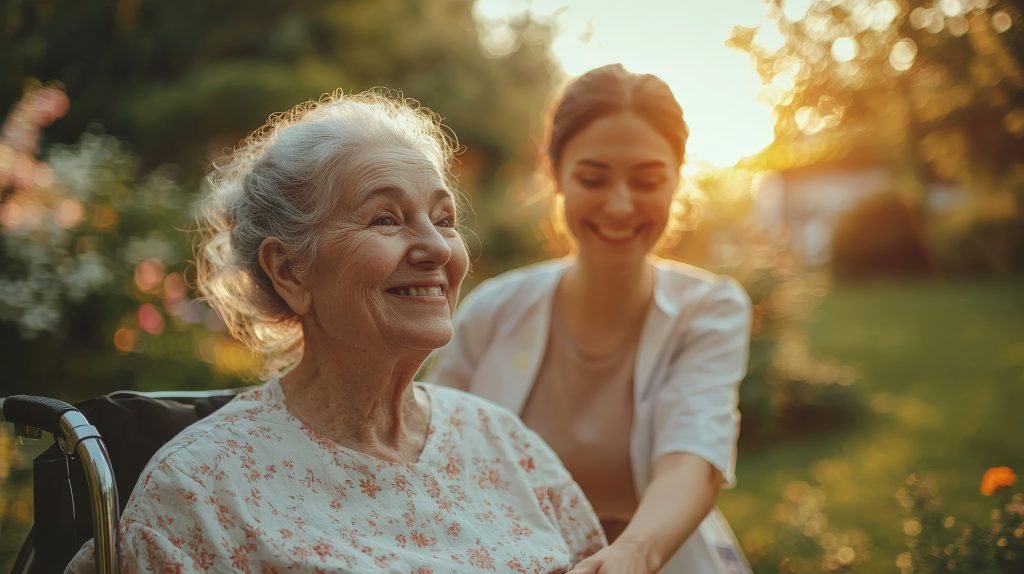 A Caregiver Joyfully Assists An Elderly Woman In A Wheelchair Amid A Sunny Garden, Showcasing Themes Of Companionship, Support, And Beautiful Nature Around Them.