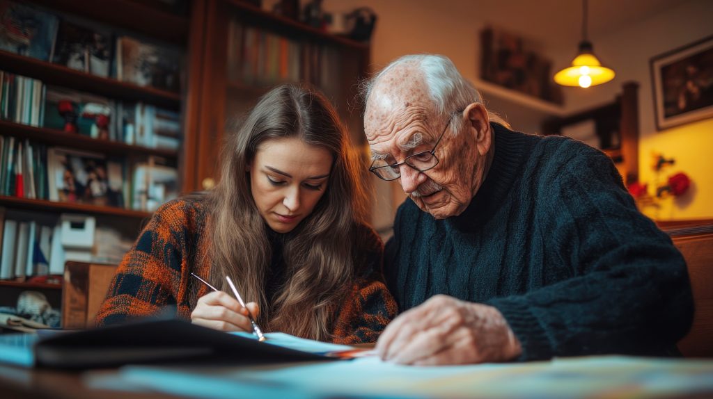 A Caregiver And An Elderly Man Focus On Painting Together, Fostering Creativity And Connection In A Warm And Calming Environment