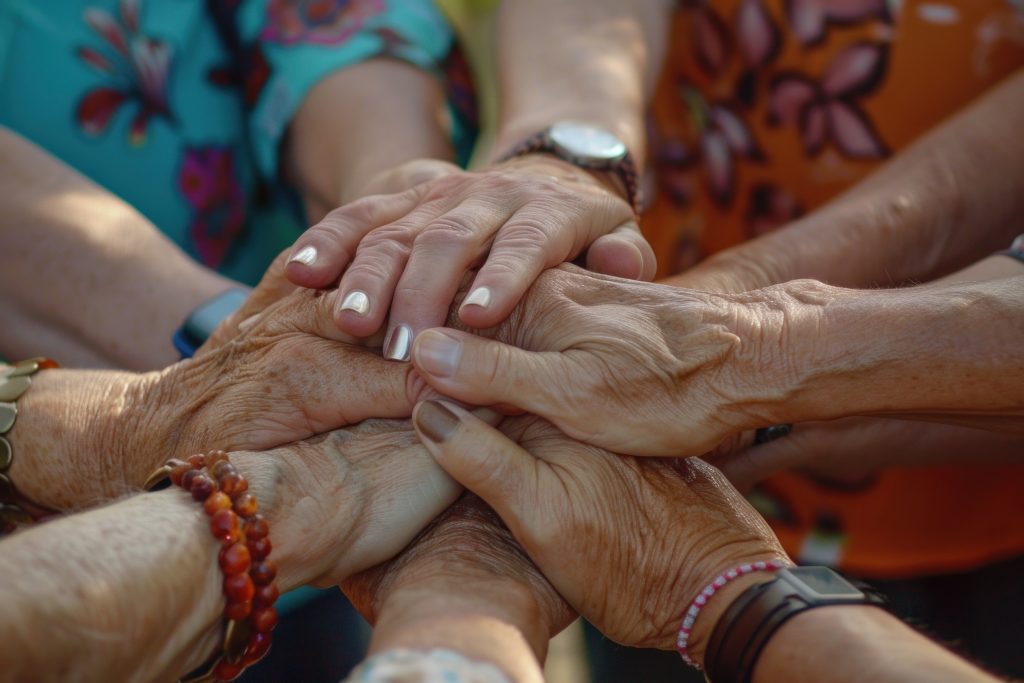 Hands Intertwined In Team Building Exercise At Wellness Retreat, Emphasizing Community And Support.
