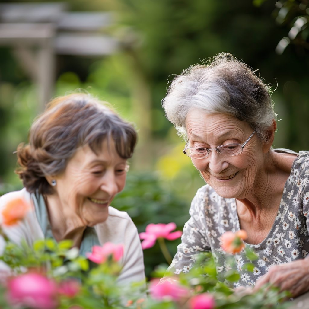 Senior Woman Enjoying A Garden With Her Caregiver. Therapeutic Benefits Of Nature In Elderly Care. Surrounded By Plants And Flowers. Nurturing And Tranquil Environment. Well Being And Companionship.