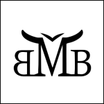 Logo of Bear Mountain Beef, featuring stylized letters "BMB" with horns, designed to resemble a cattle brand.