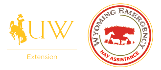 University of Wyoming Extension logo next to the Wyoming Emergency Hay Assistance program seal
