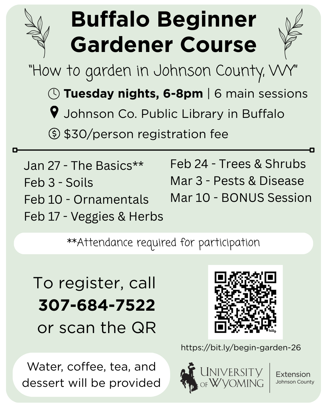 Flyer with the same information as the event description and featuring a soft, green background and plant motifs.