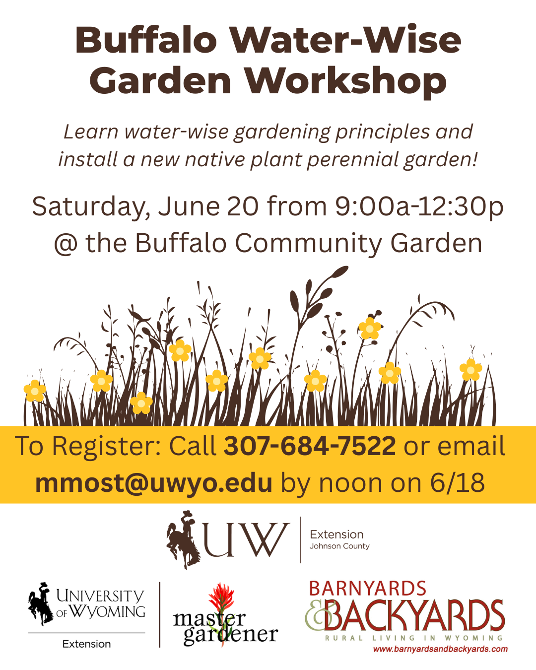 A flyer repeating event information from the caption and featuring a brown and gold meadow.