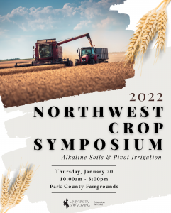 Picture of combine harvester in golden ripe wheat field. Text: "2022 Northwest Crop Symposium: Alkaline Soils and Pivot Irrigation. Thursday, January 20th 10am to 3pm at the Park County Fairgrounds. To RSVP or inquire about booth space, call 307-754-8836 or 307-527-8560. University of Wyoming Extension Park County logo at bottom