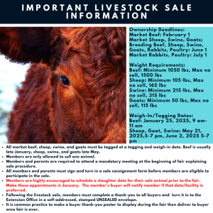 Hey all, don’t forget about this important livestock sale information! Ownership Deadlines: Market Beef: February 1 Market Sheep, Swine, Goats; Breeding Beef, Sheep, Swine, Goats, Rabbits, Poultry: June 1 Market Rabbits, Poultry: July 1 Weight Requirements: Beef: Minimum 1050 lbs, Max no sell, 1500 lbs Sheep: Minimum 105 lbs, Max no sell, 165 lbs Swine: Minimum 215 lbs, Max no sell, 315 lbs Goats: Minimum 50 lbs, Max no sell, 115 lbs Weigh-In/Tagging Dates: Beef: January 25, 2025, 9 am-11 am Sheep, Goat, Swine: May 21, 2025,5-7 pm, June 2, 2025 5-7 pm All market beef, sheep, swine, and goats must be tagged at a tagging and weigh-in date. Beef is usually late January, sheep, swine, and goats late May. Members are only allowed to sell one animal. Members and parents are required to attend a mandatory meeting at the beginning of fair explaining sale procedure. All members and parents must sign and turn in a sale consignment form before members are eligible to participate in the sale. Members are highly encouraged to schedule a slaughter date for their sale animal prior to the fair. Make these appointments in January. The member's buyer will notify member if that date/facility is preferred. Following the livestock sale, members must complete a thank-you to all buyers and turn it in to the Extension Office in a self-addressed, stamped UNSEALED envelope. It is common practice to make a buyer thank-you poster to display during the fair then deliver to buyer once fair is over.