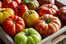 Wood box of green, red, and yellow ridged tomatoes 