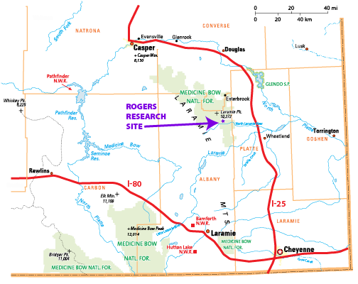 Map of SE Wyoming identifying the location of the research site in relation to Wheatland  Casper  Cheyenne  and Laramie 