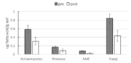 Bar graph showing that the fatty acid signatures were higher for the four different things tested than they were after the fire 