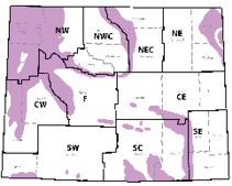 A map of Wyoming counties and the native thistles to each region  