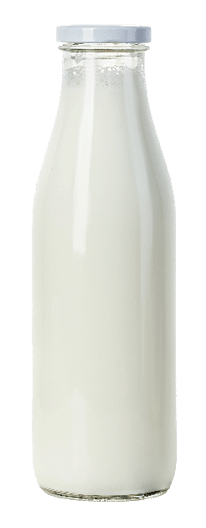 Milk in clear glass bottle with white metal lid
