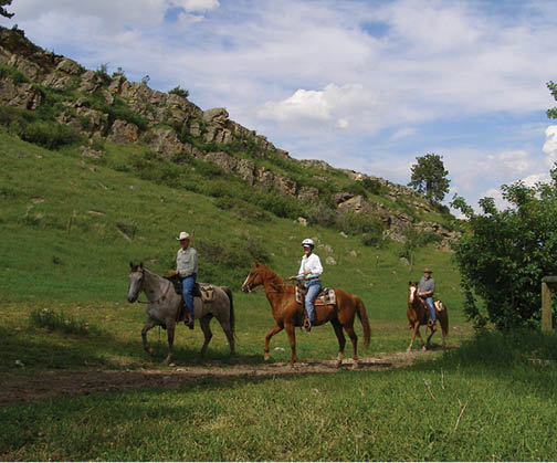 3 riders on horses riding a trail green scenary around