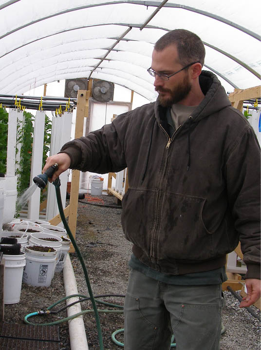 Man watering in a greenhouse with a spray attachment on a hose