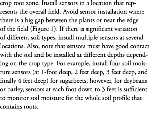 crop root zone. Install sensors in a location that represents the overall field. Avoid sensor installation where ther...