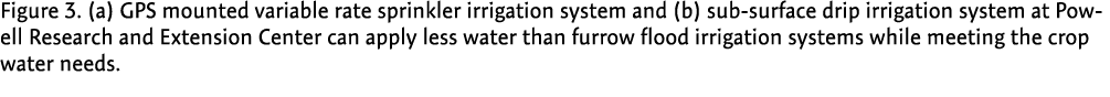 Figure 3. (a) GPS mounted variable rate sprinkler irrigation system and (b) sub-surface drip irrigation system at Pow...