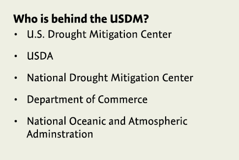 Who is behind the USDM? U.S. Drought Mitigation Center USDA National Drought Mitigation Center Department of Commerce...