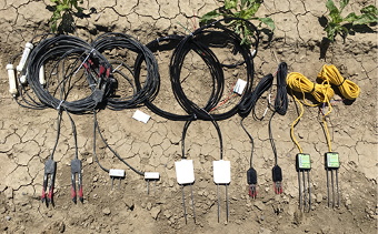 5 different soil mositure sensors on the ground 