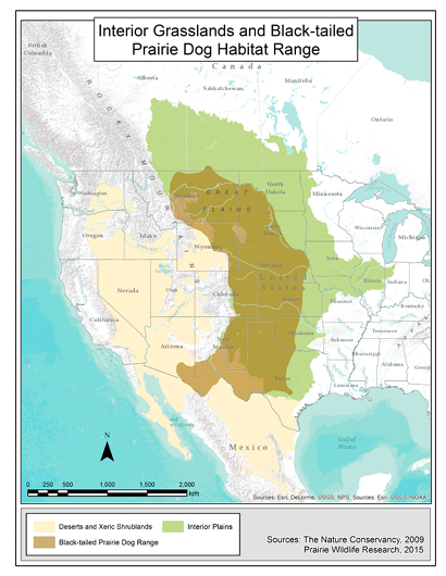 Map showing habit ranges from southern Alberta, Saskatchewan, and Manitoba, through the Great Plains area of the U S , and down into northern Mexico 