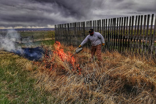 Person lighting a fire near a snow fence 