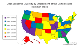 multi color USA map showing economic diversity by state