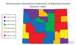 Multi-color map of Wyoming showing economic diversity by county 
