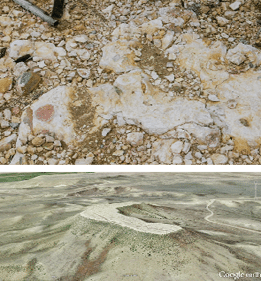 Top image: large rock embedded in soil with several smaller rocks scattered about the surface  Bottom image: ariel view of flat-topped mountain 
