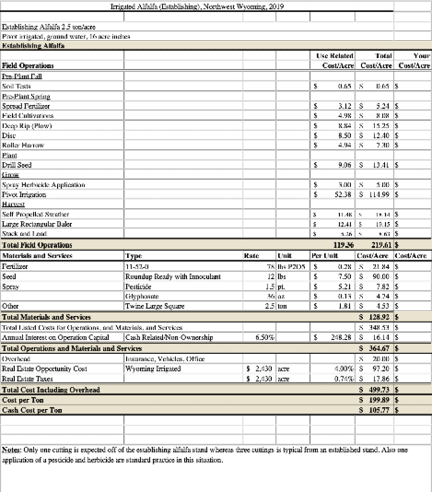 Irrigated alfalfa (establishing) budget