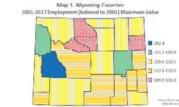 Wyoming counties 2001-2017 employment (indexed to 2001) maximum value