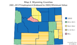 Wyoming counties 2001-2017 employment (indexed to 2001) minimum value