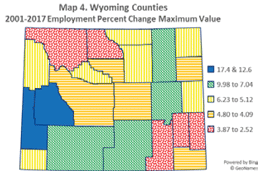 Wyoming counties 2001-2017 employment percent change maximum value