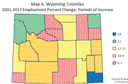 Wyoming counties 2001-2017 employment percent change: periods of increase
