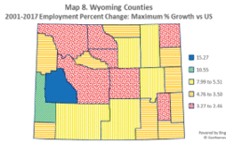 Wyoming counties 2001-2017 employment maximum growth percentage versus US