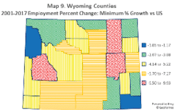 Wyoming counties 2001-2017 employment percent change: minimum % growth versus US