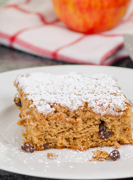 A piece of applesauce cake placed on a white plate, with a red and white dish cloth in the background with an apple on top of it. 