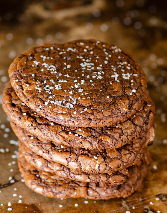 A stack of five sea salt fudge cookies. 