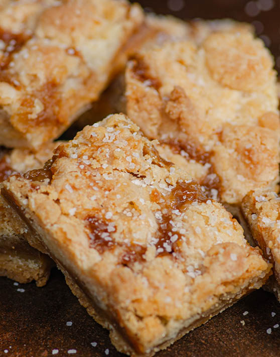 A close up of salted carmel bars. 