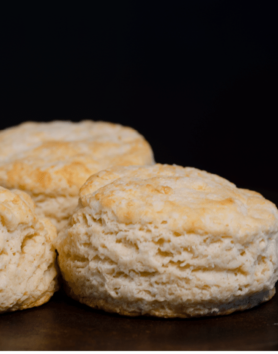 A close-up of brittany's flaky buttermilk biscuit. 