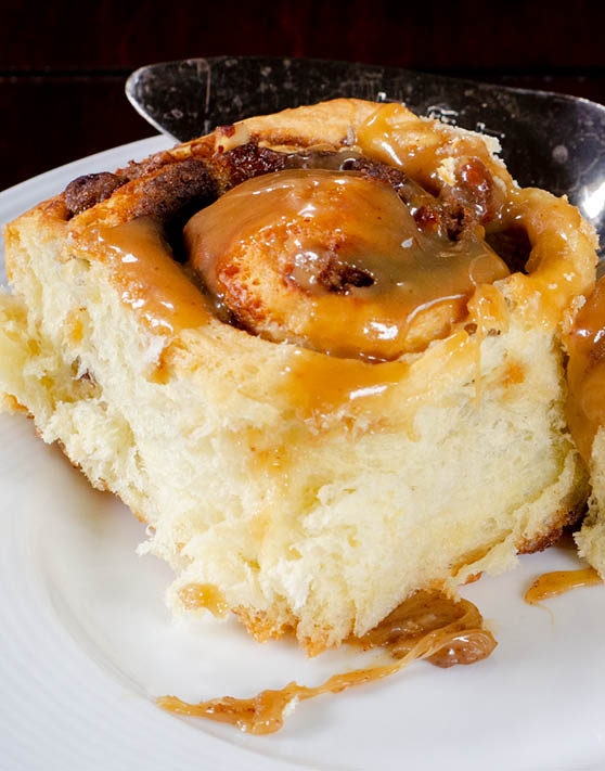 A close-up of a cinnamon roll. 