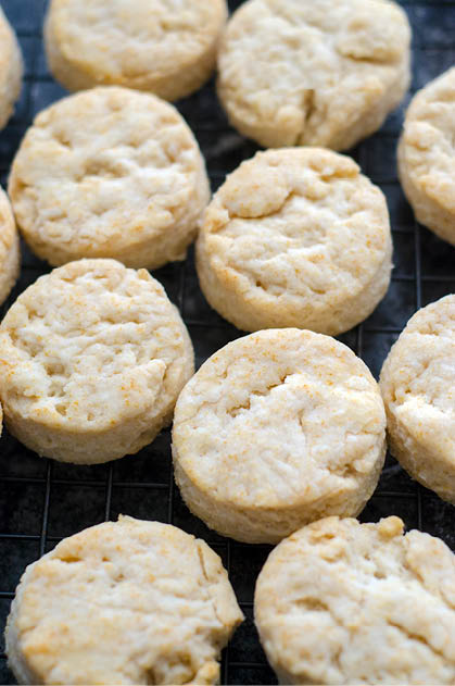 Baked biscuits on a black mesh cooling rack 