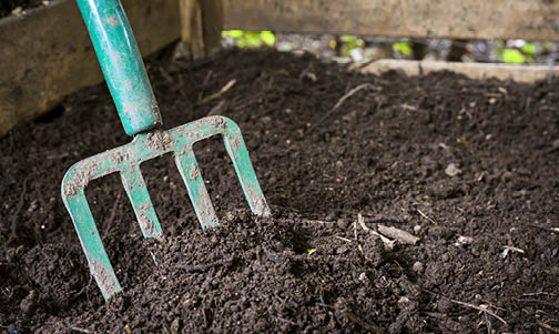 Photo of dark, rich soil with a pitchfork in it