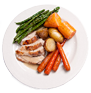 white plate with sliced turkey and roasted asparagus  yams  red potatoes  and carrots
