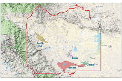 Map showing location of the Upper Big Wind, Outside Boundary, Johnson, Left Hand, and Little Wind Irrigation Districts 