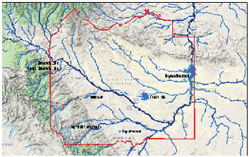 Map showing the Dinwoody Lake, Upper Dinwoody Lake, Boysen Reservoir, Bull Lake, Ocean Lake, Washakie Reservoir, and Ray Rerservoir 