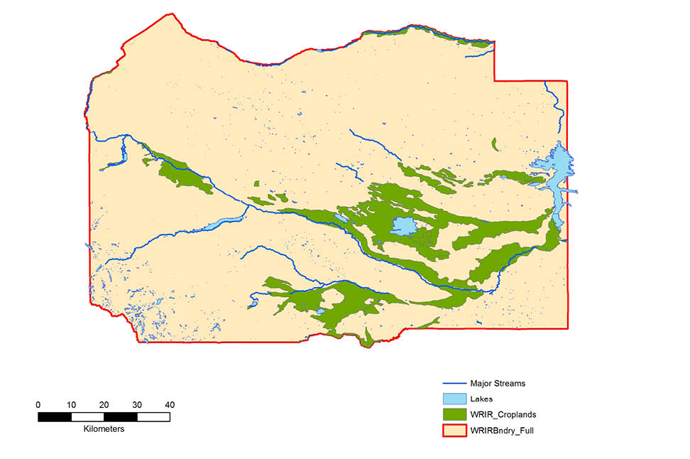 Croplands are located along the major streams and bodies of water 