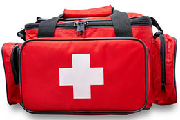 Red go bag with white first-aid symbol 