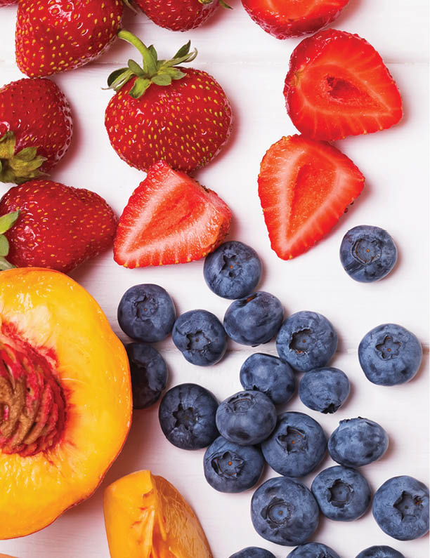 strawberries, blueberries, peaches