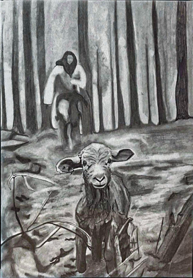 Black and white drawing of a lamb standing in a forest clearing with a rider on horseback approaching in the background between tall trees